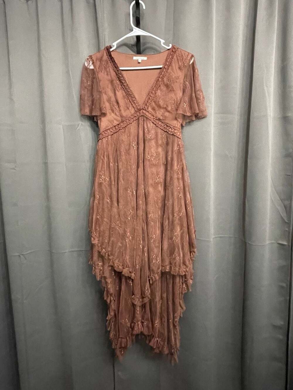Baevely Style BD5566 Brown Lace Short Sleeve High Low Dress
